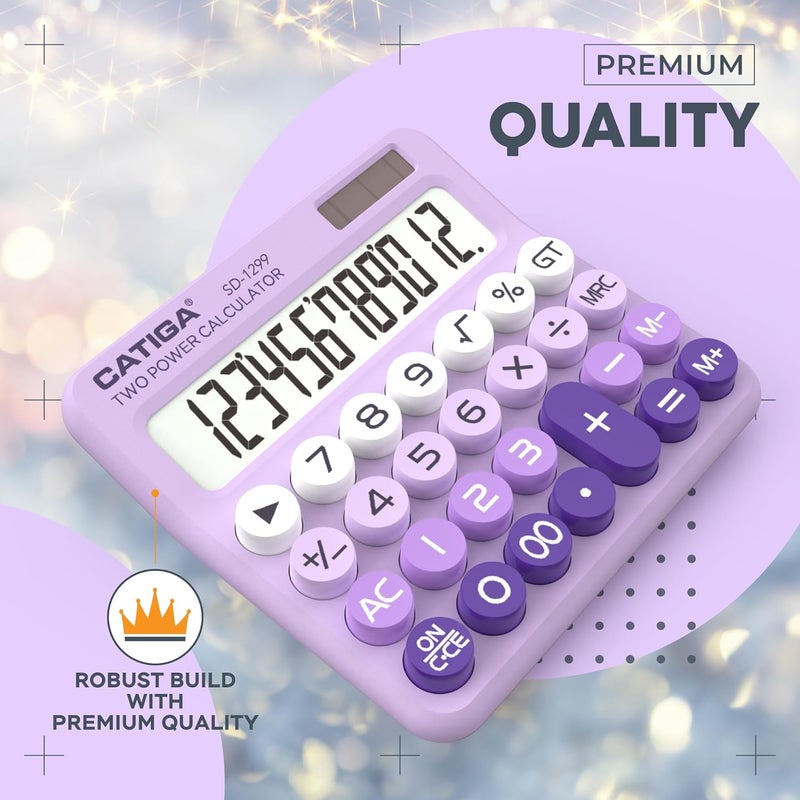 CATIGA Mechanical Switch Calculator with Solar and Battery Dual Power, 12-Digit Large LCD Display, Aesthetic and Cute Desktop Calculator with Big Button, for Home, School and Office Use, SD-1299 - Image 3